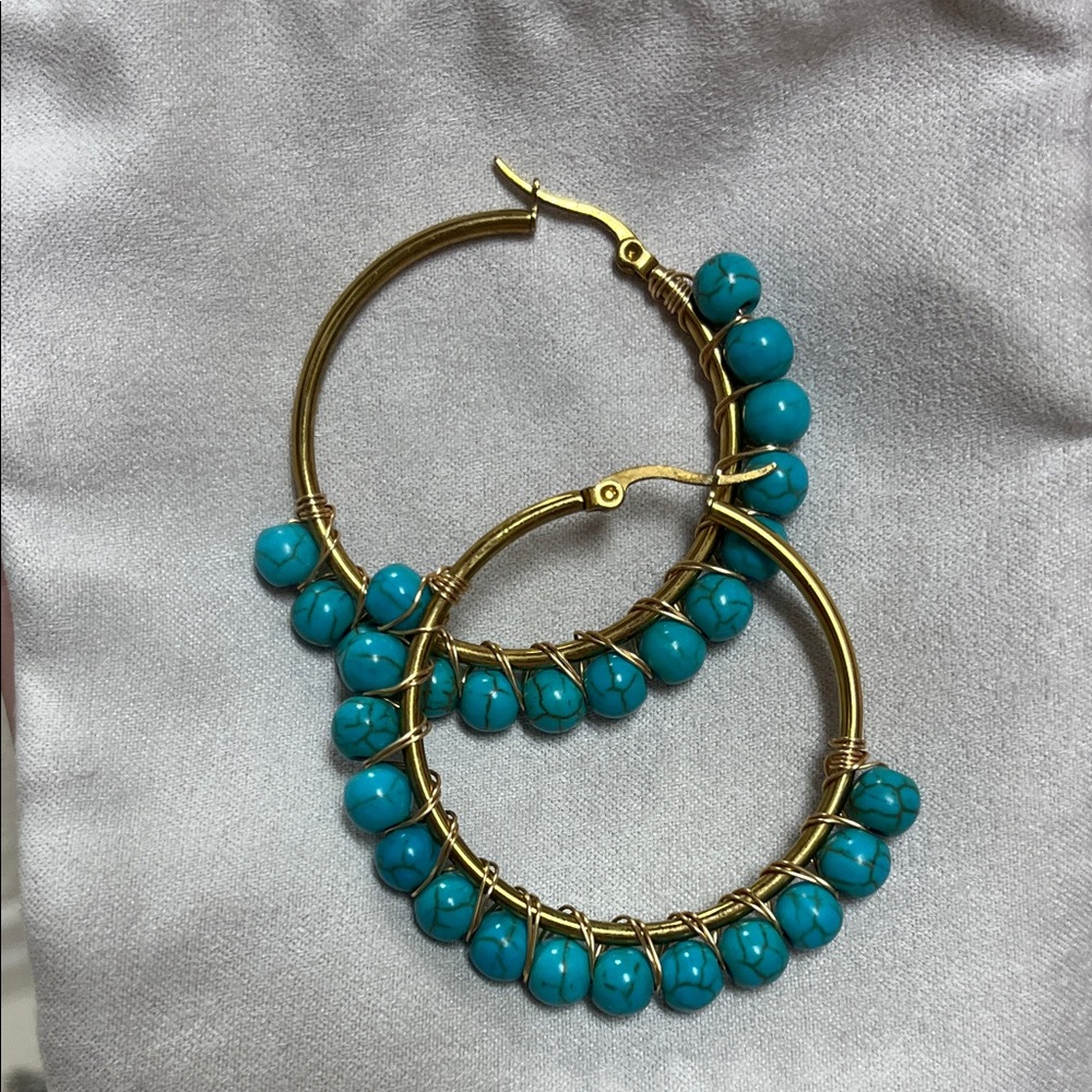 Gold and Turquoise Beaded Hoop Earrings